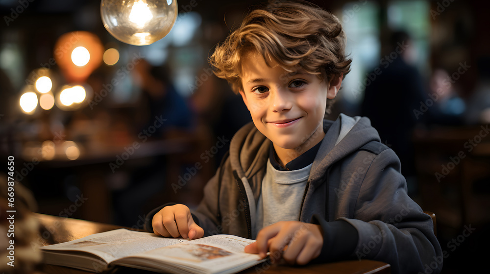 an elementary school boy is reading a book in the library