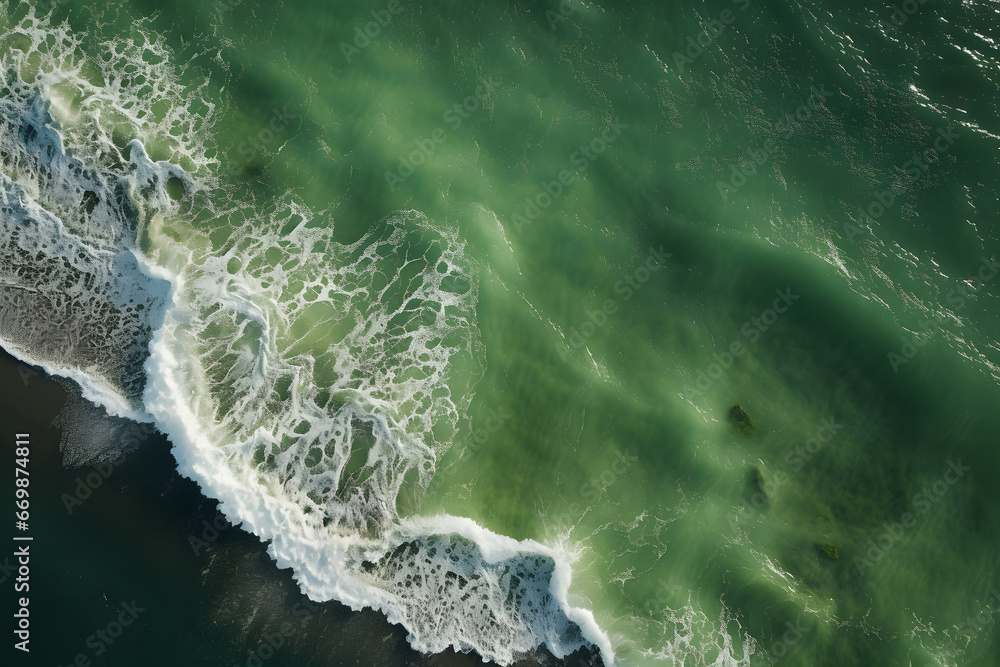 aerial view of water flowing from the water in green sea