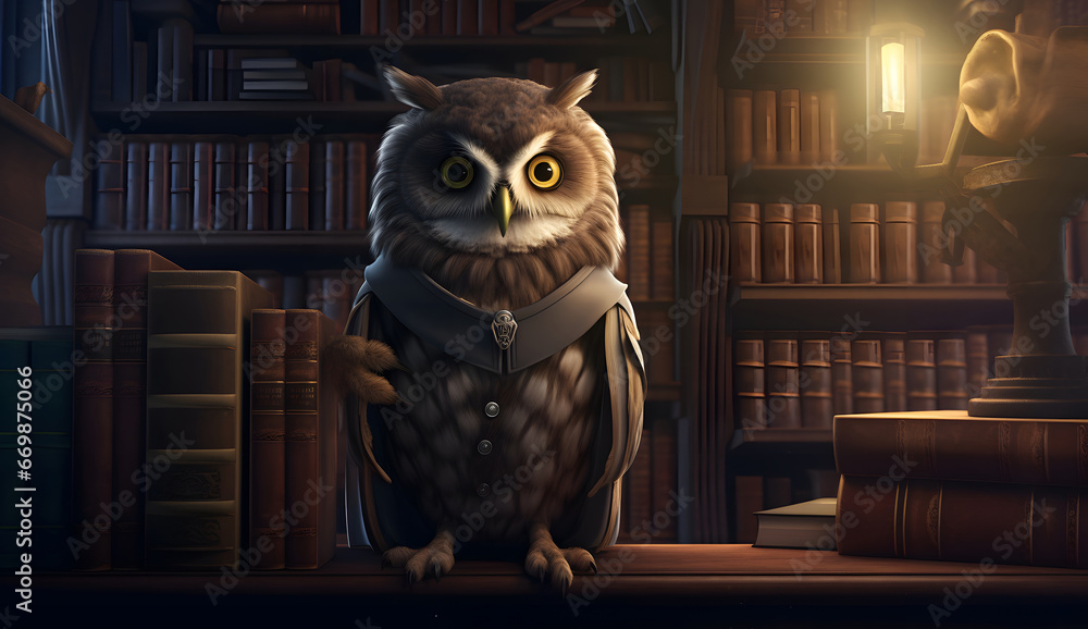 owls reading a book in a library