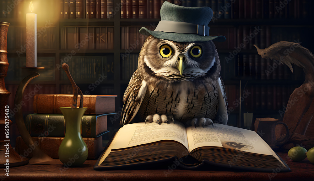 owls reading a book in a library