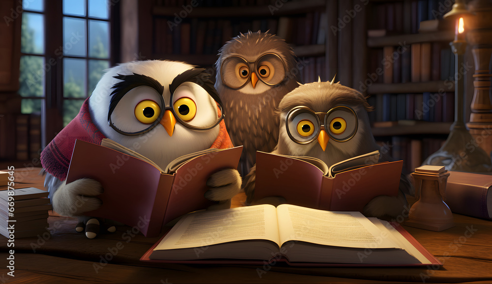 owls reading a book in a library