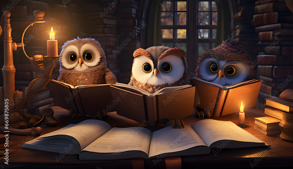 owls reading a book in a library