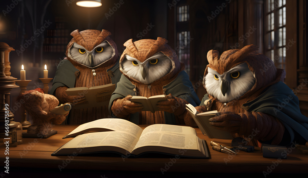 owls reading a book in a library