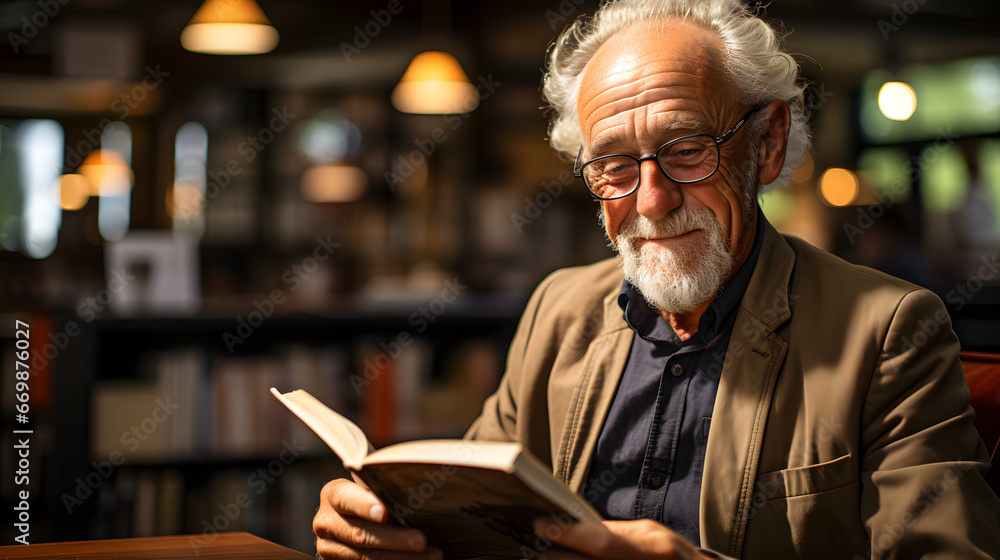 a middle-aged man is reading a book in the library