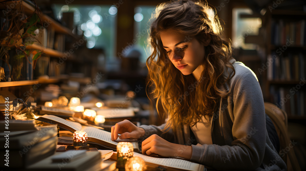 a female student is browsing the selection of books in the library