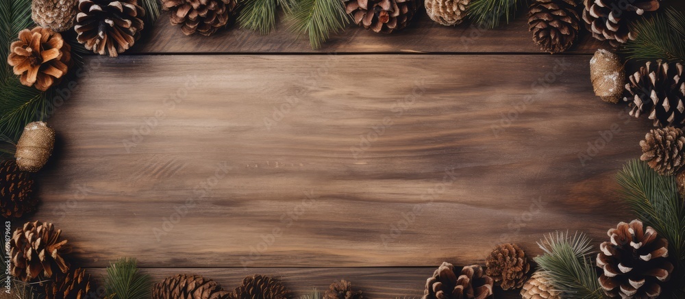 Old frame with wooden backdrop and pine cones in the corner