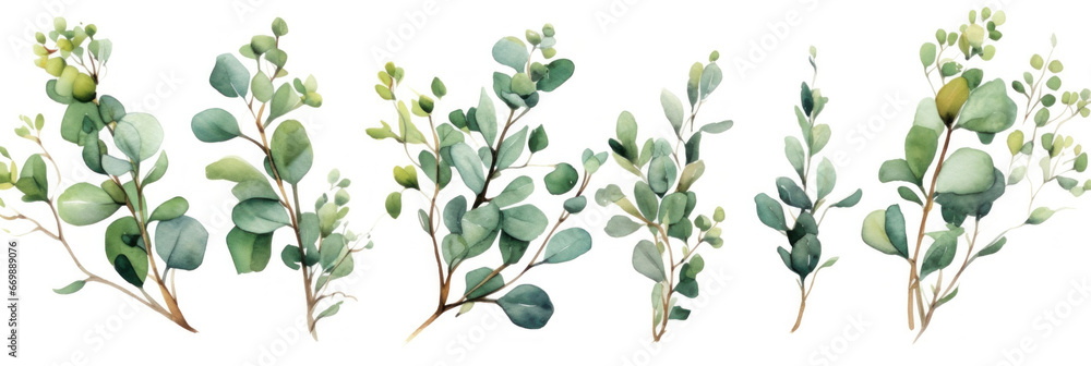 Eucalyptus watercolor set, Green plant collection isolated on white background.