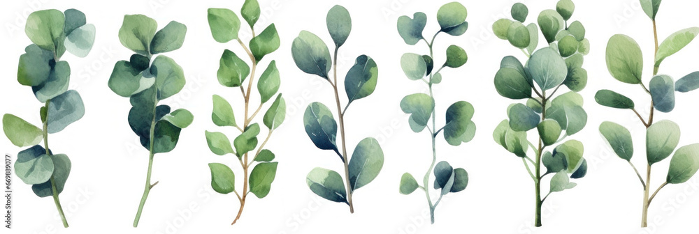 Eucalyptus watercolor set, Green plant collection isolated on white background.