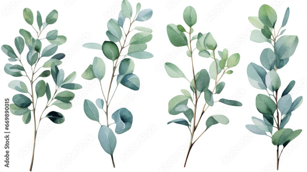 Eucalyptus watercolor set, Green plant collection isolated on white background.