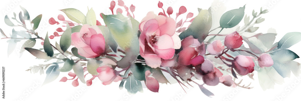 Pink flowers and eucalyptus greenery bouquet. Watercolor of Wedding Invitation.