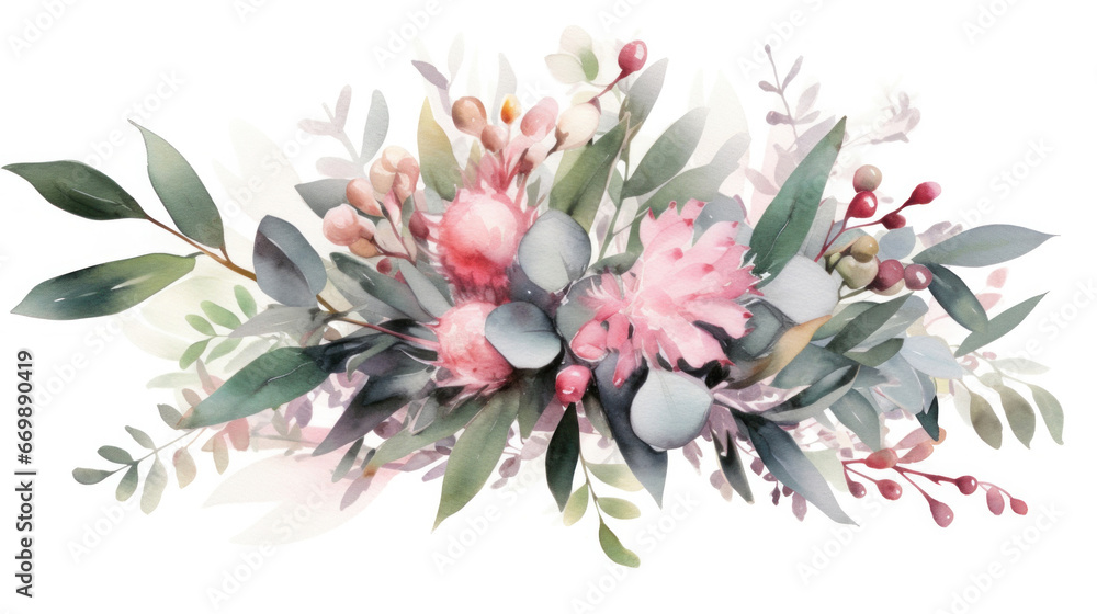 Pink flowers and eucalyptus greenery bouquet. Watercolor of Wedding Invitation.