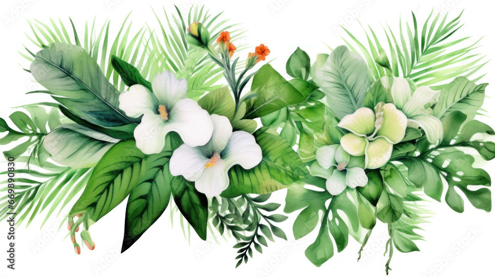 Watercolor of Tropical spring floral green leaves and flowers, bouquets greeting or wedding card decoration.