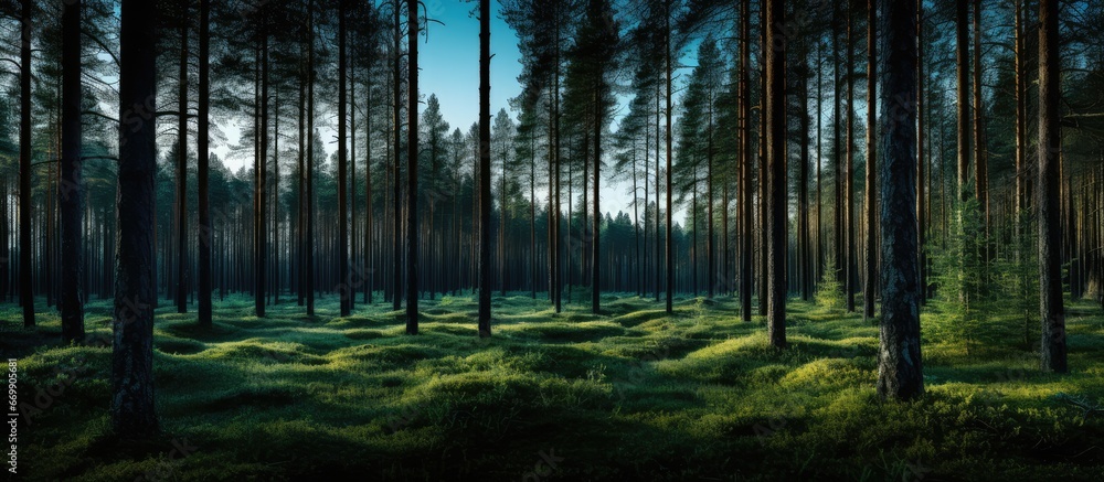 In the dark forest with many pine trees it feels mysterious