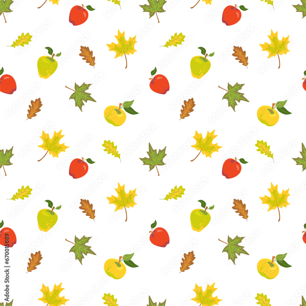 Seamless pattern with apples, maple and oak leaves. Vector color illustration on the white background.