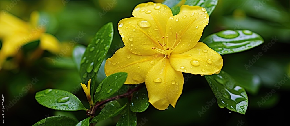 Yellow flower with rain drops in green leaves