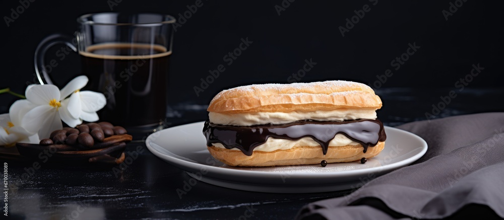 Eclair and coffee on a textured background Close up breakfast concept