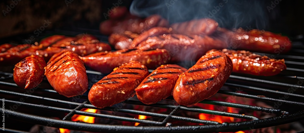 View of multiple Portuguese chorizos on a grill