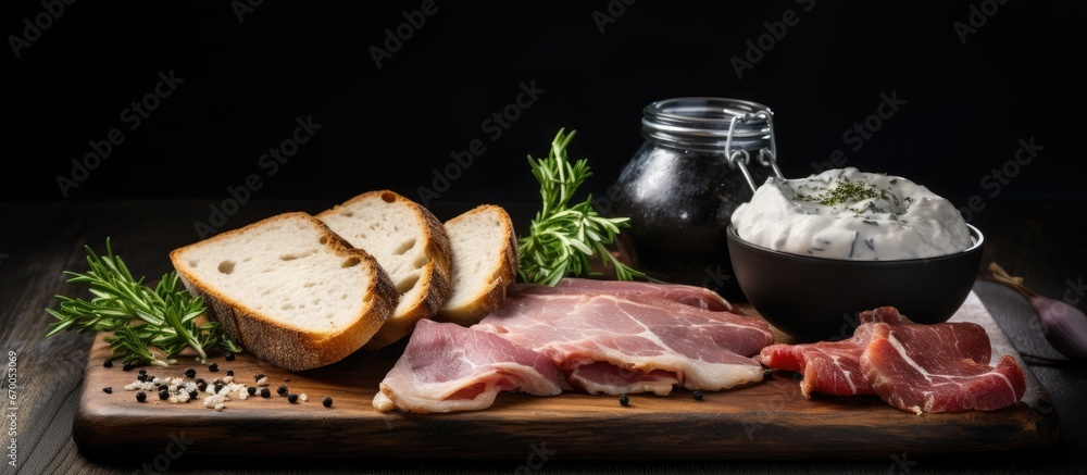 Salted lard bacon bread garlic onion horseradish sauce wooden board