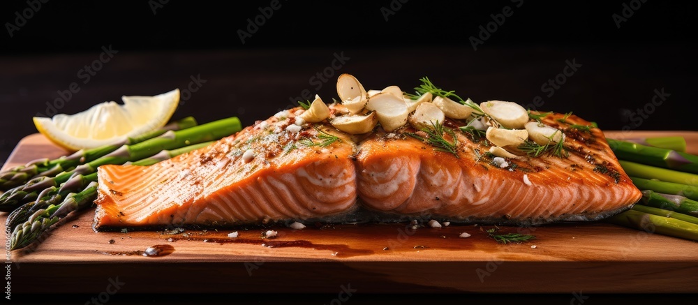 Grilled salmon with asparagus onion lemon thyme walnut on a wooden cutting board with texture background