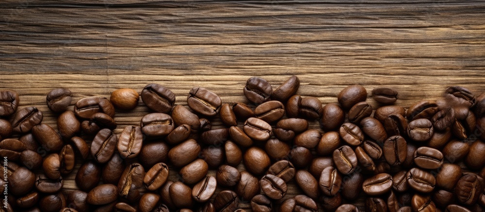 Coffee beans showcased on wood background in closeup