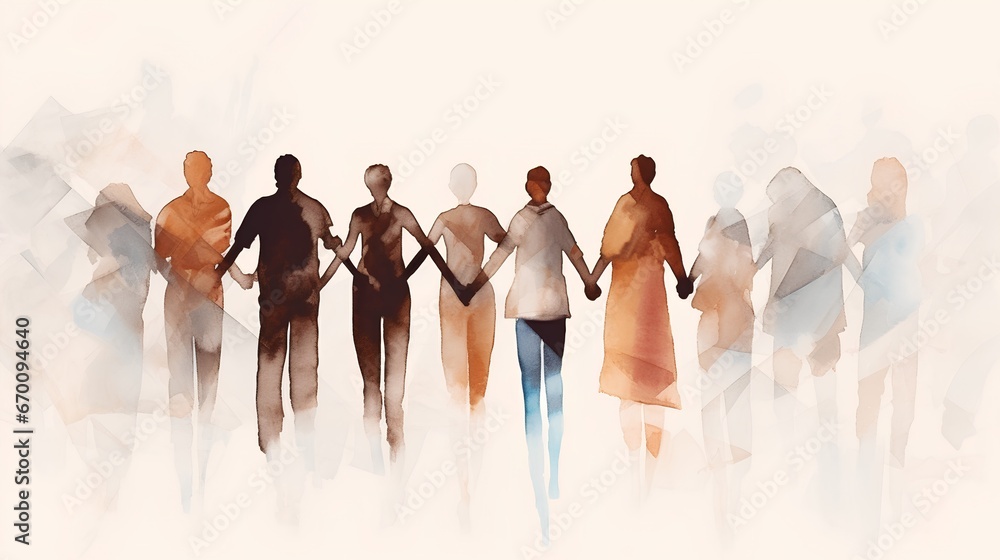 Illustration of diverse group of people holding hands. Unity, community, and mutual support. The essence of teamwork, cooperation, and the concept of helping each other in a multicultural society.