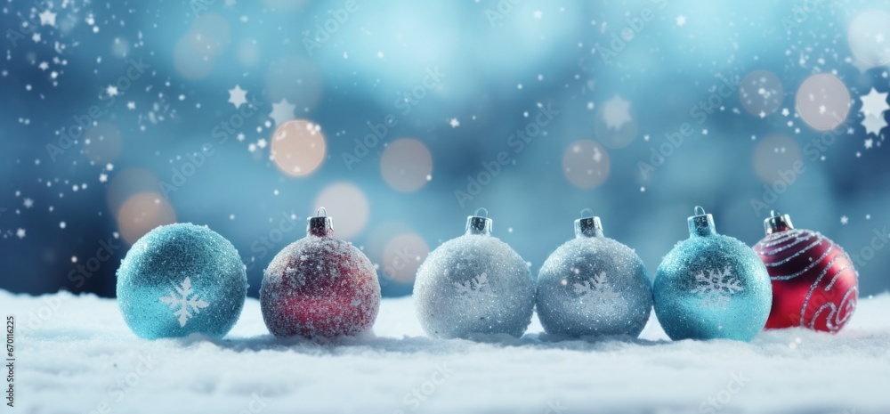 Christmas background with decorations on snow and snowflake