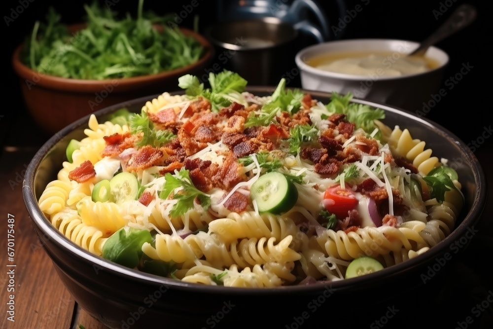 Bacon ranch pasta salad on a bowl.