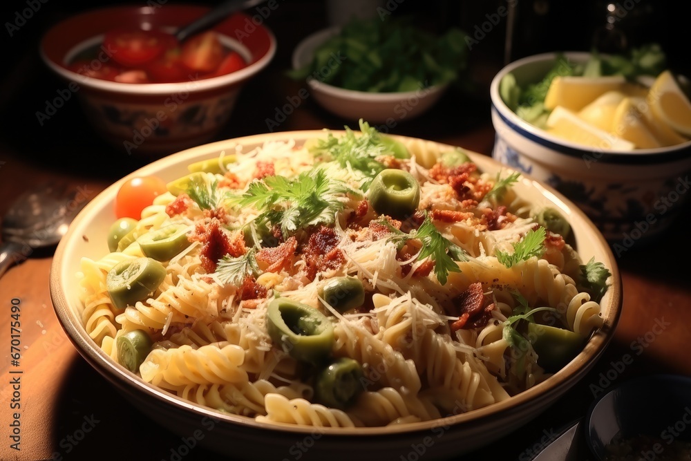 Bacon ranch pasta salad on a bowl.