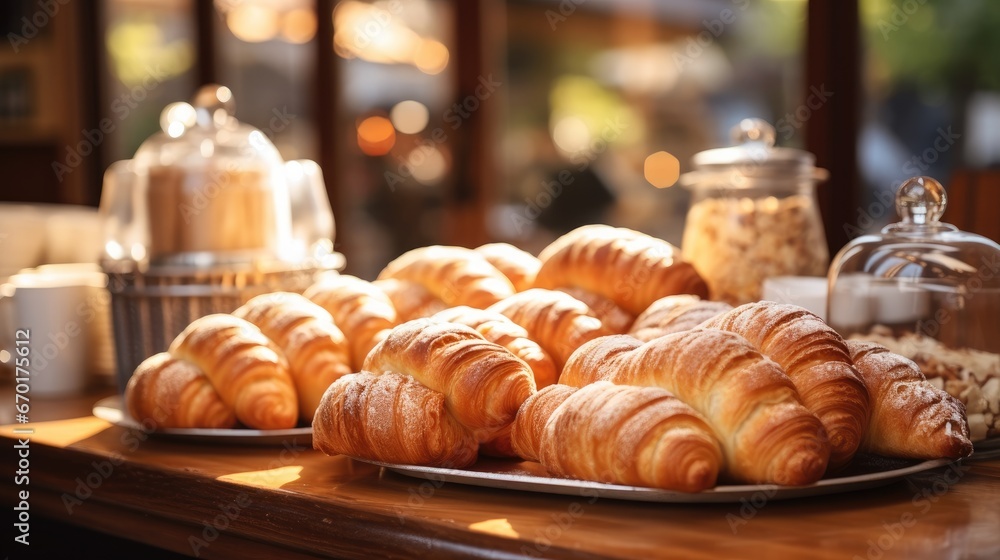 Baguette bread bun donuts croissants at small cozy coffee shop.