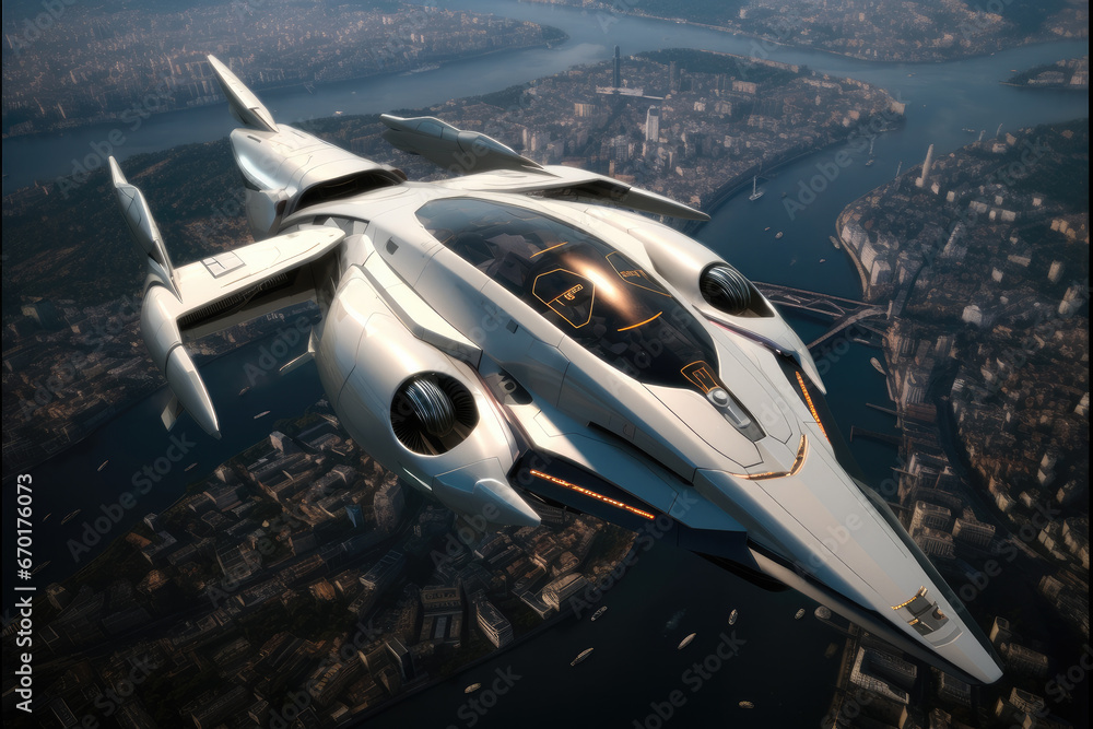 White spaceship flying above a city, Aerial high view.