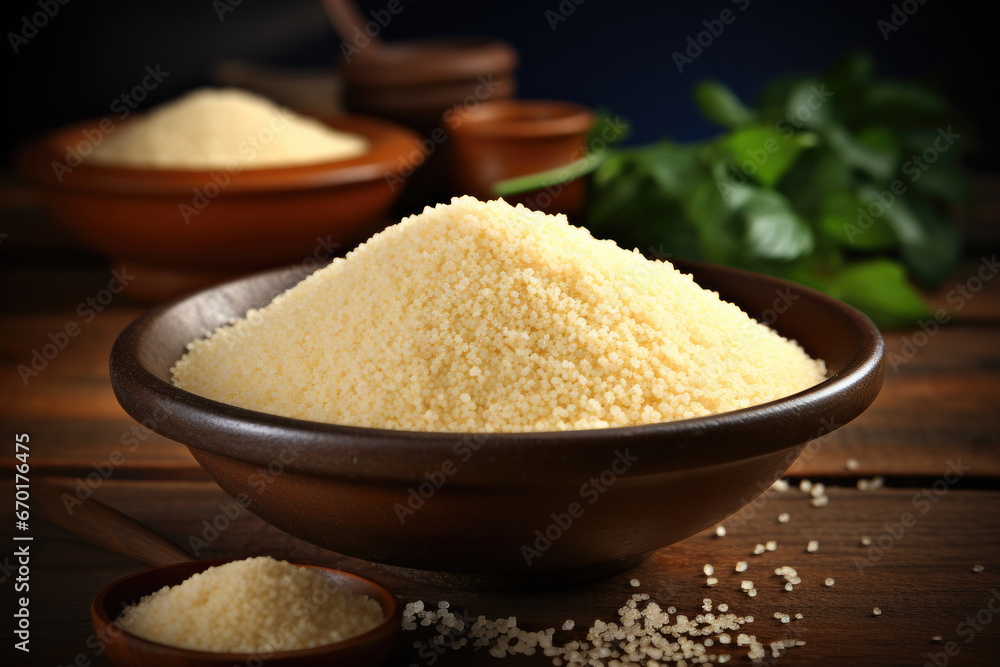 Couscous grain in wooden bowl.