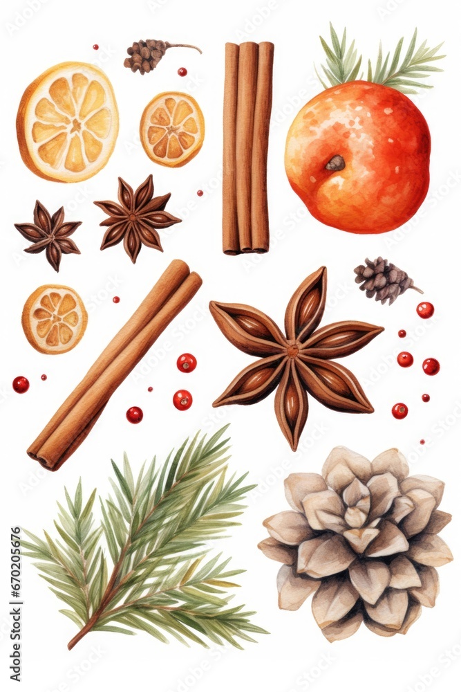 A vibrant watercolor painting depicting a variety of aromatic spices. This versatile image can be used in various culinary, cooking, food, and recipe-related projects