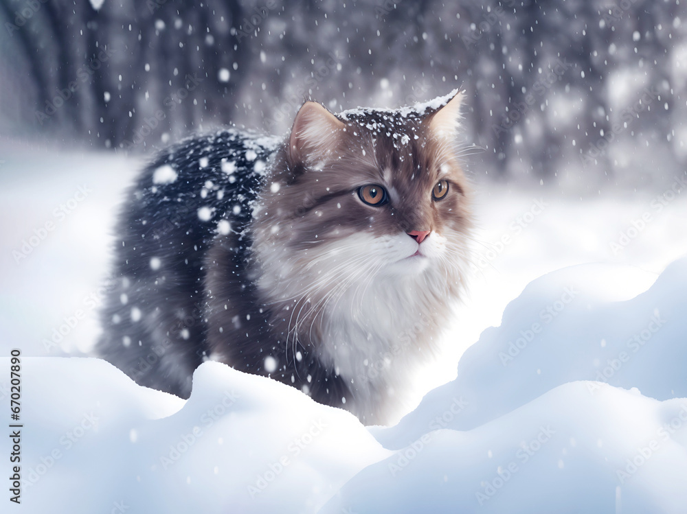 A large fluffy cat with an attentive look sits on the snow in winter during a snowfall