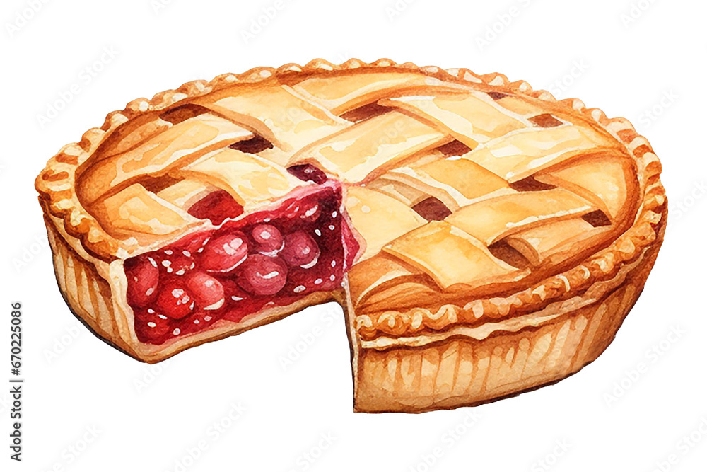 watercolor drawing, a piece of cherry pie. classic berry pie, illustration in vintage style. clipart	