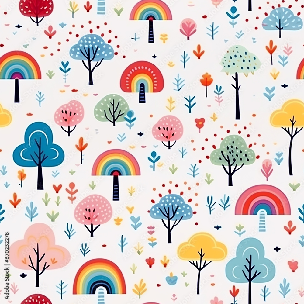 Childish seamless pattern background with colorful rainbows