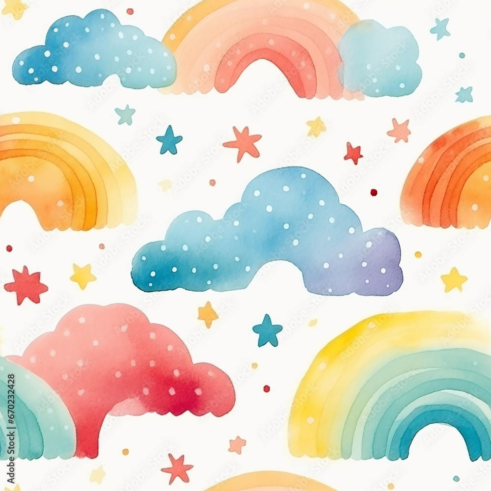 Childish seamless pattern background with colorful rainbows