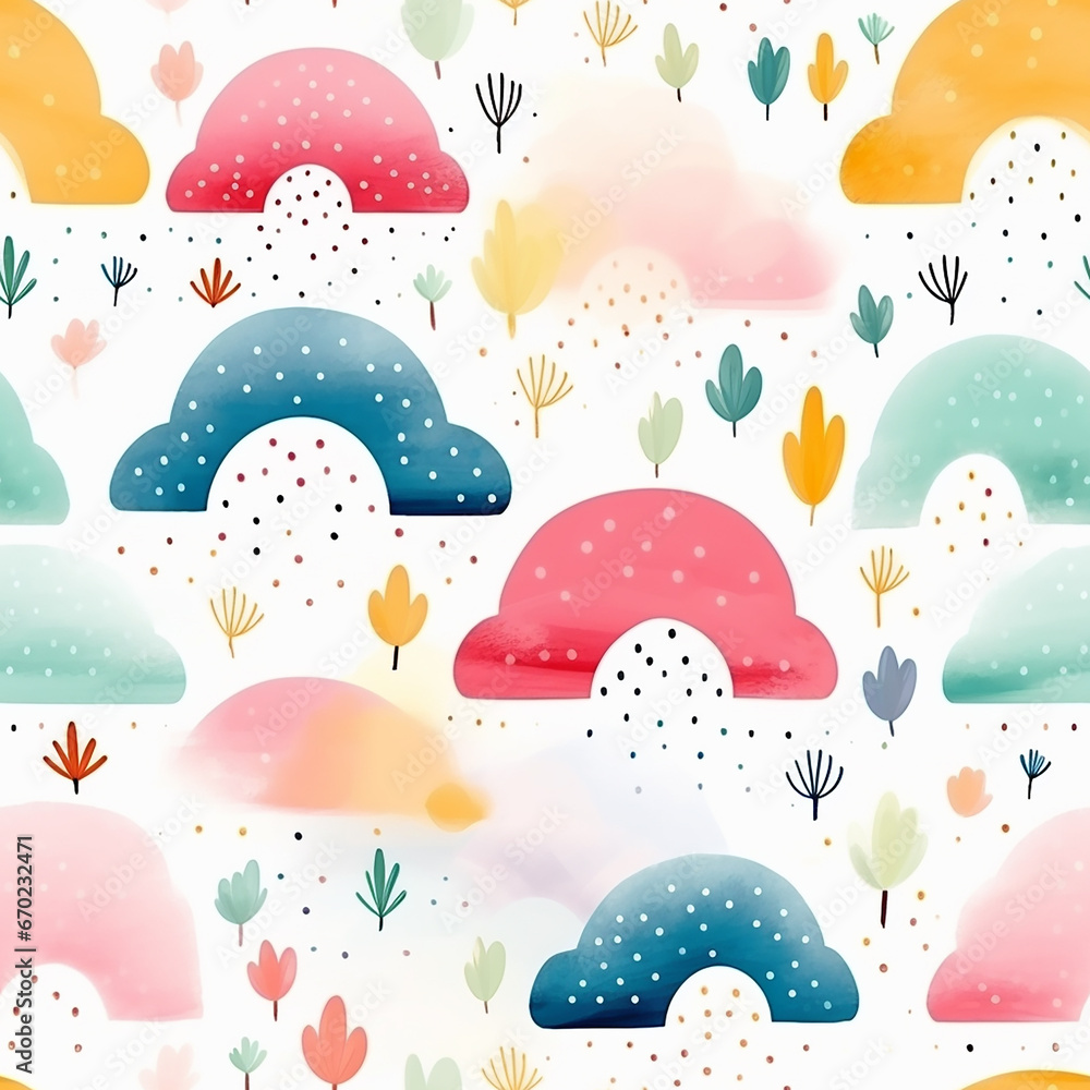 Childish seamless pattern background with colorful rainbows