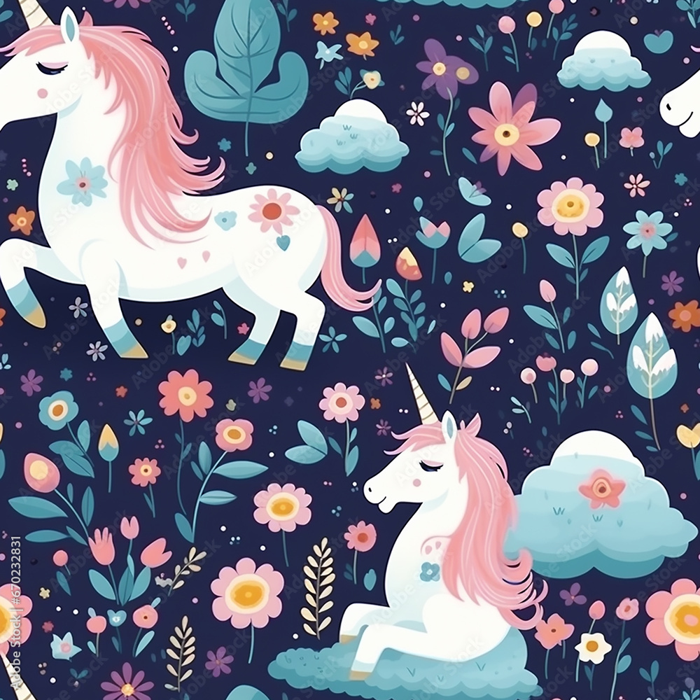 Childish seamless pattern background with colorful unicorns