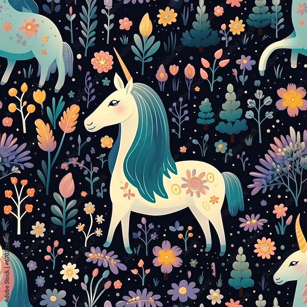 Childish seamless pattern background with colorful unicorns