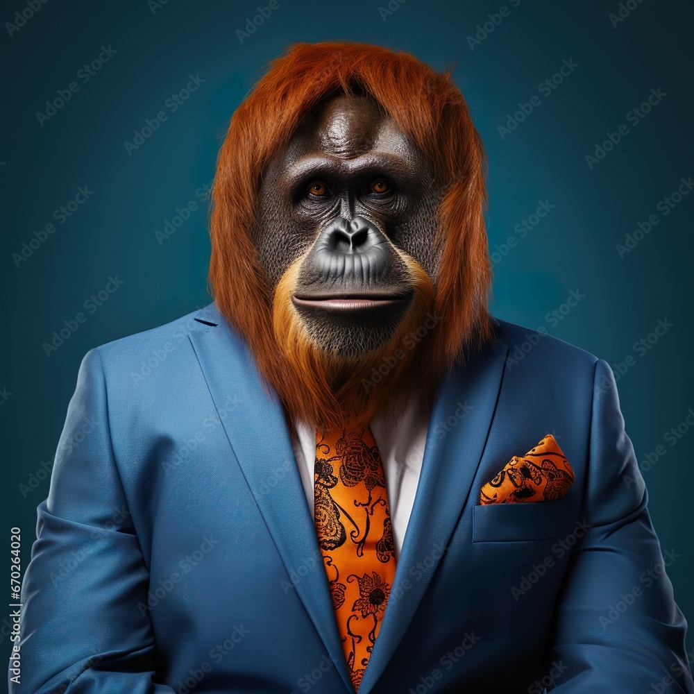 Funny ape orangutan in suit generative AI illustration. Lovely animal looks like humans concept. Realistic photo style