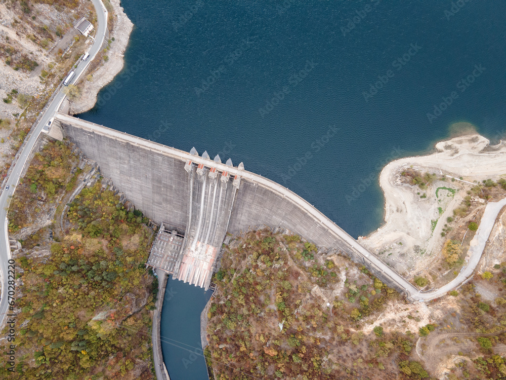 Aerial view of Vacha Reservoir, Rhodope Mountains, Bulgaria