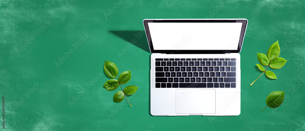 Laptop computer with green leaves - flat lay