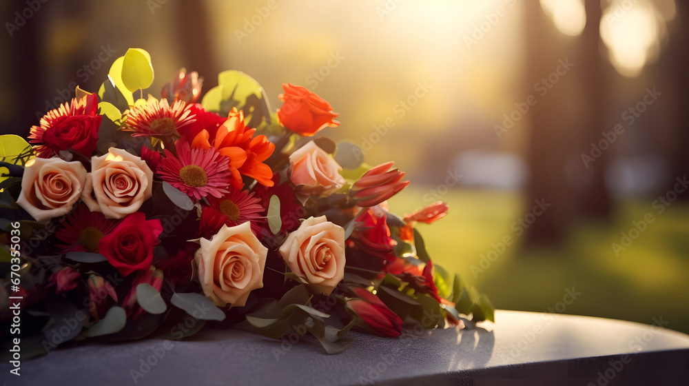 Blurred bouquet of flowers blossoms on a table With copyspace for text