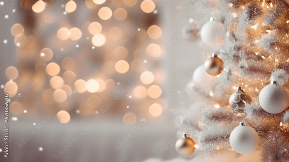 christmas lights on the snow, Beautiful bright and white Christmas defocused blurred background with Christmas tree lights in the evening.