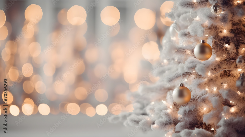 christmas lights on the snow, Beautiful bright and white Christmas defocused blurred background with Christmas tree lights in the evening.