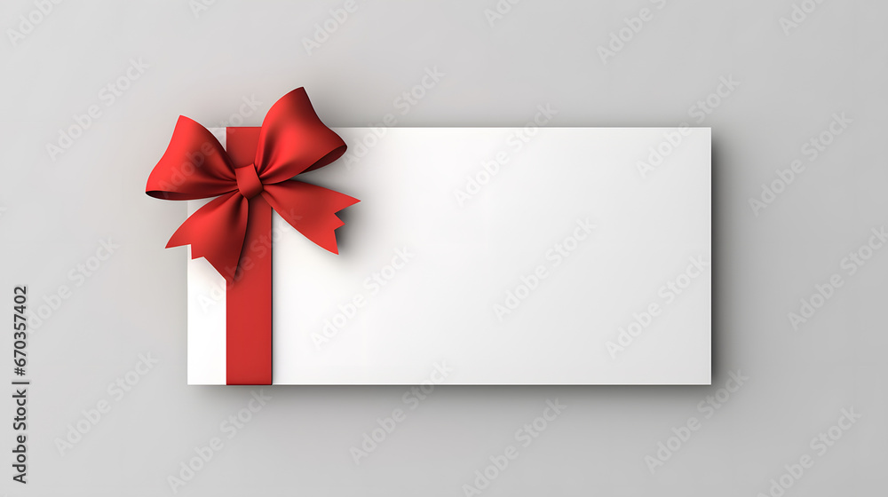 Blank white gift voucher with red ribbon bow or empty gift signboard isolated on grey background with shadow minimal conceptual 3D rendering