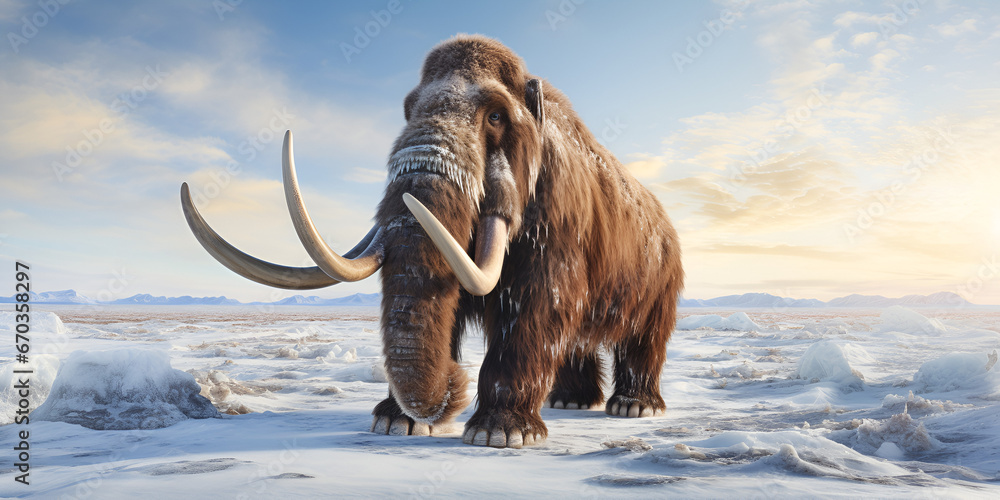 Furry old mammoth in snow with mountain landscape in the background,  Winter Wonderland: Furry Mammoth in Mountain Snow 