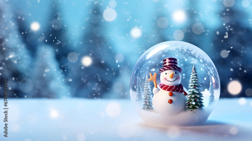 christmas decoration on a blue background, Christmas glass ball on snow with snowman inside. Winter scenery, copy space