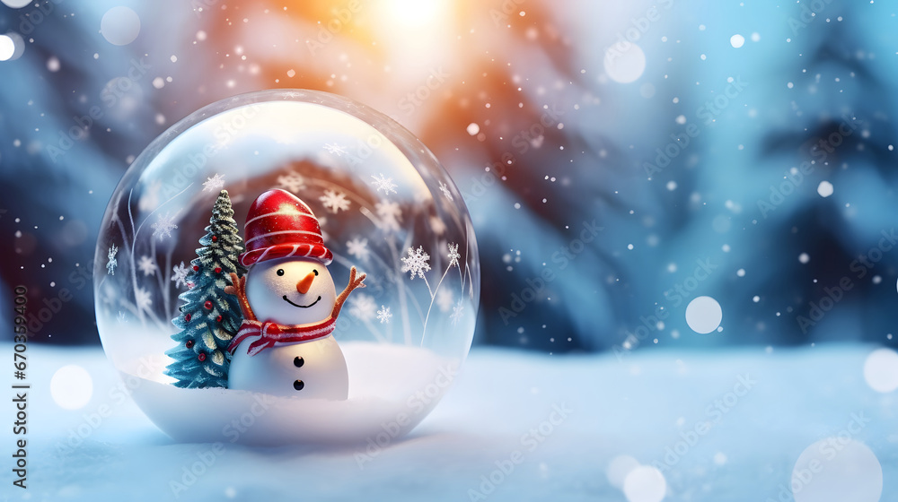 christmas decoration on a blue background, Christmas glass ball on snow with snowman inside. Winter scenery, copy space