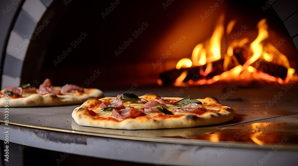 pizza in oven, close-up of a pizza oven with a pizza cooking inside